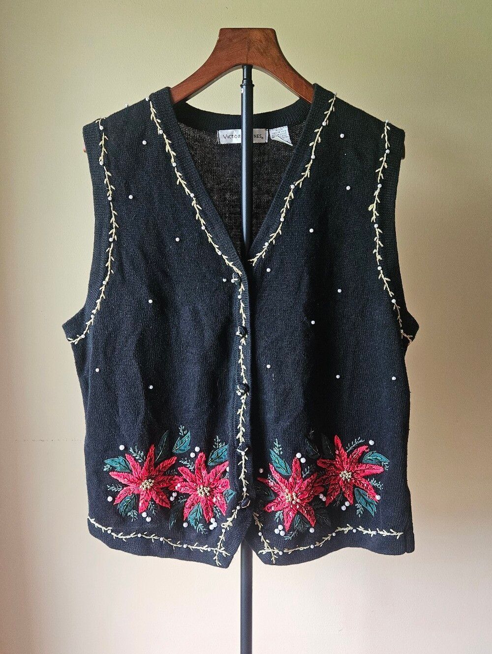 Vintage Victoria Jones Black Christmas Vest with Red Poinsettias Size XL